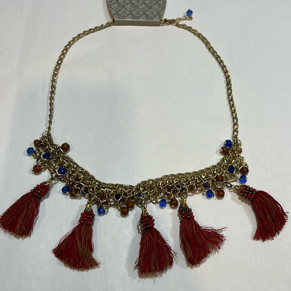 5/$30🏷️ World Market tassels, beads necklace rust, blues, reds, gold metal - Picture 2 of 9